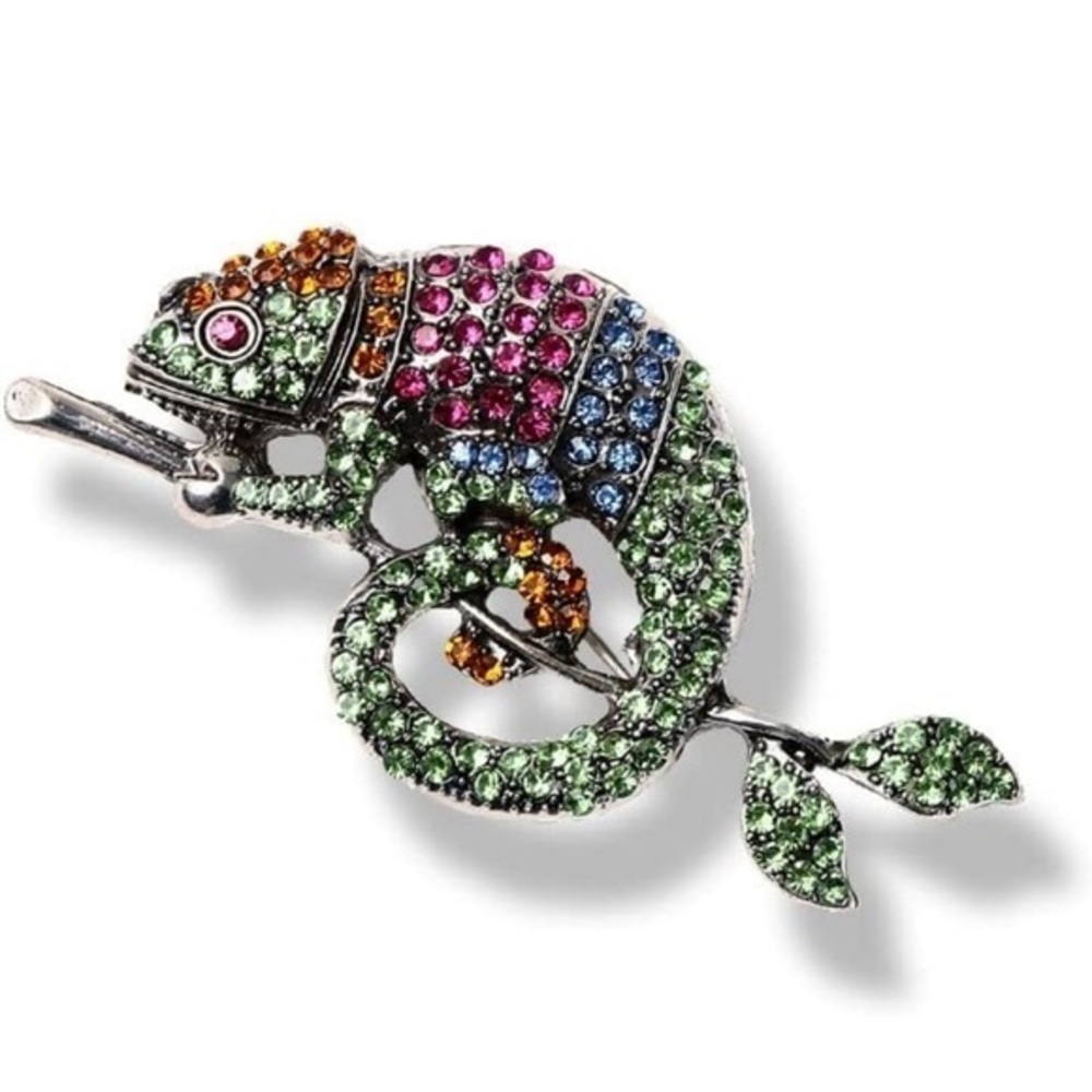 🆕🦎Crystal Chameleon  brooch multicolour, plated alloy base & pin back 💚